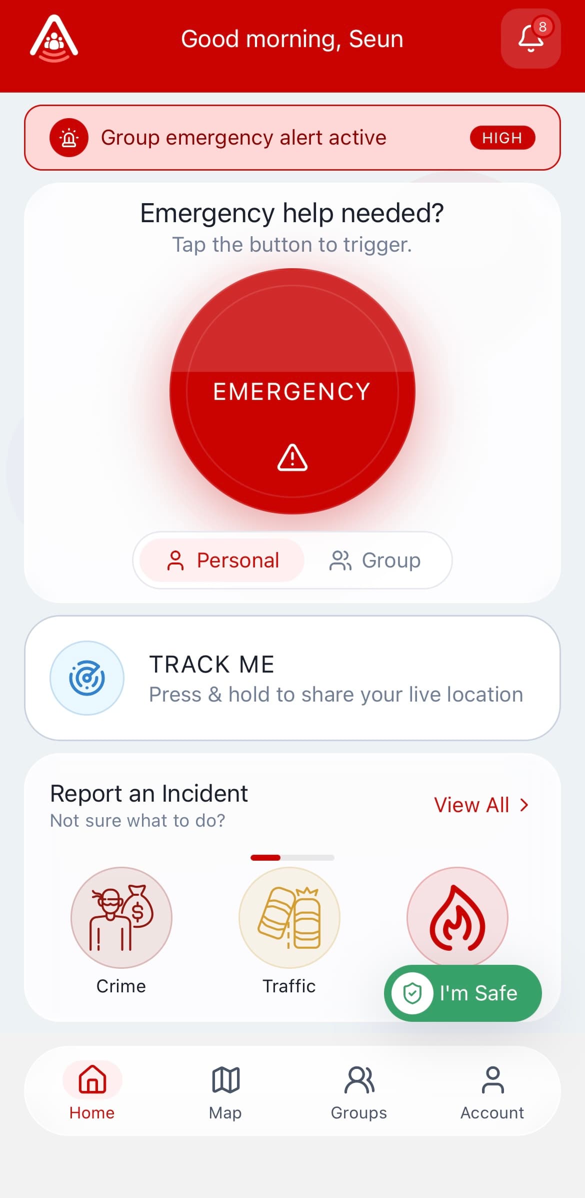 AlertTrak home dashboard with an active group emergency alert